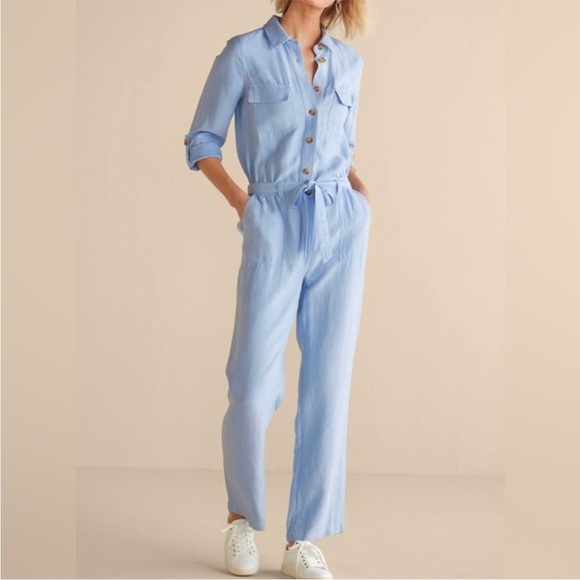 Soft Surroundings Baby Blue Linen Blend Kerry Belted Jumpsuit - Picture 1 of 7